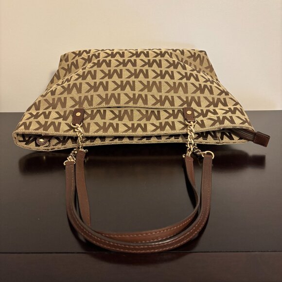 Michael Kors Jet Set Signature Tan Brown Gold Chain Handle Tote Bag - Picture 7 of 14